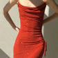 Modest Sheath Spaghetti Straps Red Sequin Prom Dresses Ruffles Evening Dress C2333