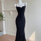 Pretty Sheath Spaghetti Straps Black Long Prom Dresses Evening Dress With Ruffles C2335