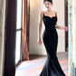 Pretty Sheath Spaghetti Straps Black Long Prom Dresses Evening Dress With Ruffles C2335