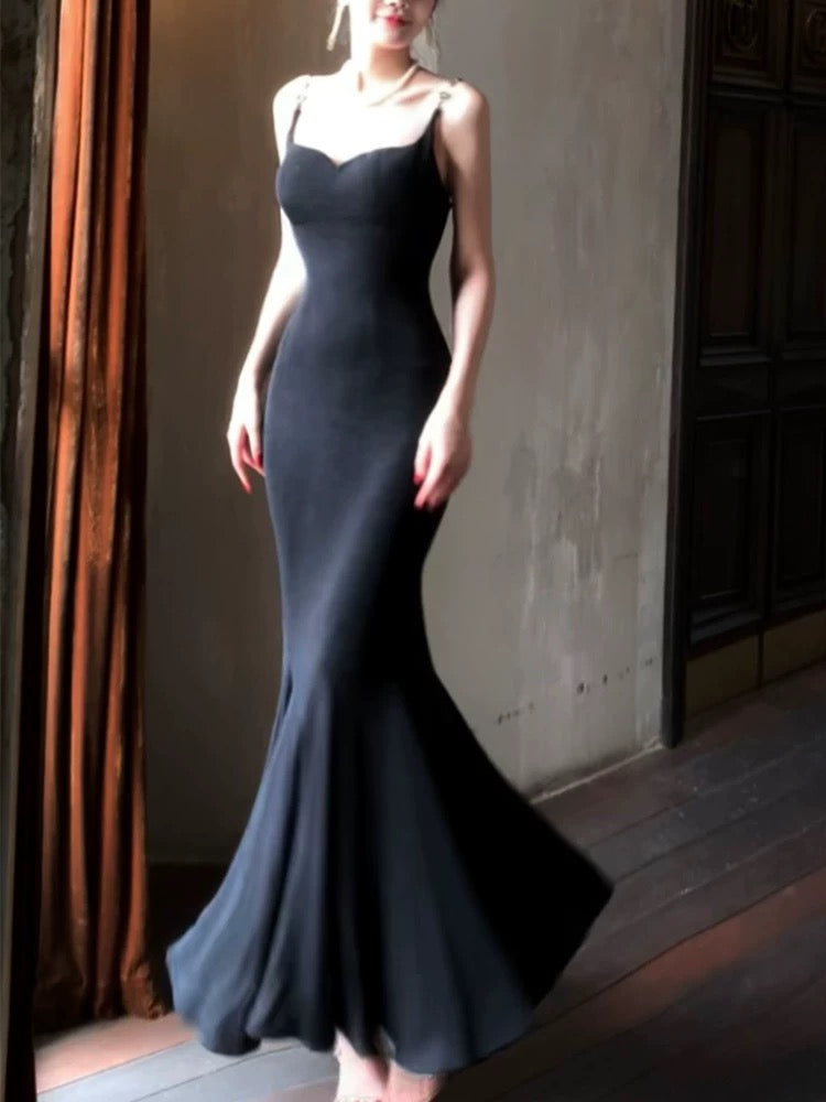 Pretty Sheath Spaghetti Straps Black Long Prom Dresses Evening Dress With Ruffles C2335