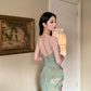 Modest Sheath Spaghetti Straps Green Floral Long Prom Dresses Backless Evening Dress C2337