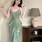 Modest Sheath Spaghetti Straps Green Floral Long Prom Dresses Backless Evening Dress C2337