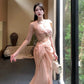 Pretty Sheath Spaghetti Straps Pink Prom Dresses Slit Evening Dress With Lace CC2338