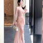 Pretty Sheath Spaghetti Straps Pink Prom Dresses Slit Evening Dress With Lace CC2338