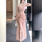 Pretty Sheath Spaghetti Straps Pink Prom Dresses Slit Evening Dress With Lace CC2338