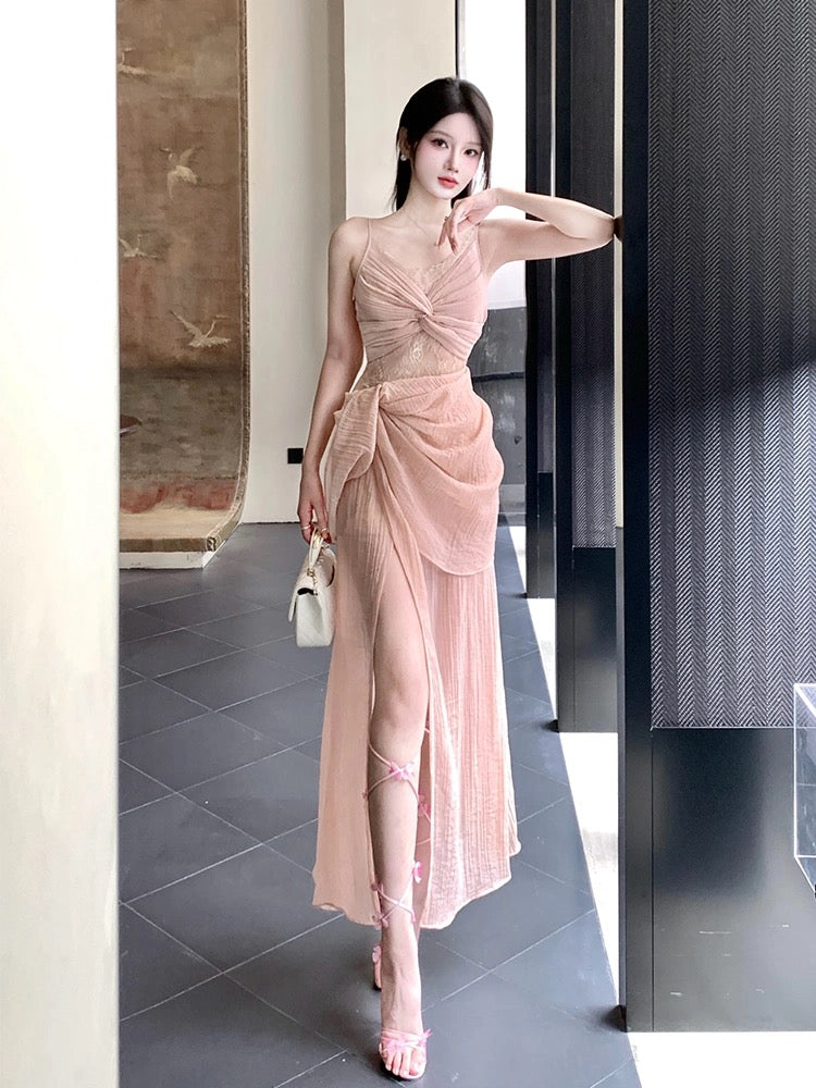 Pretty Sheath Spaghetti Straps Pink Prom Dresses Slit Evening Dress With Lace CC2338