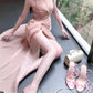 Pretty Sheath Spaghetti Straps Pink Prom Dresses Slit Evening Dress With Lace CC2338