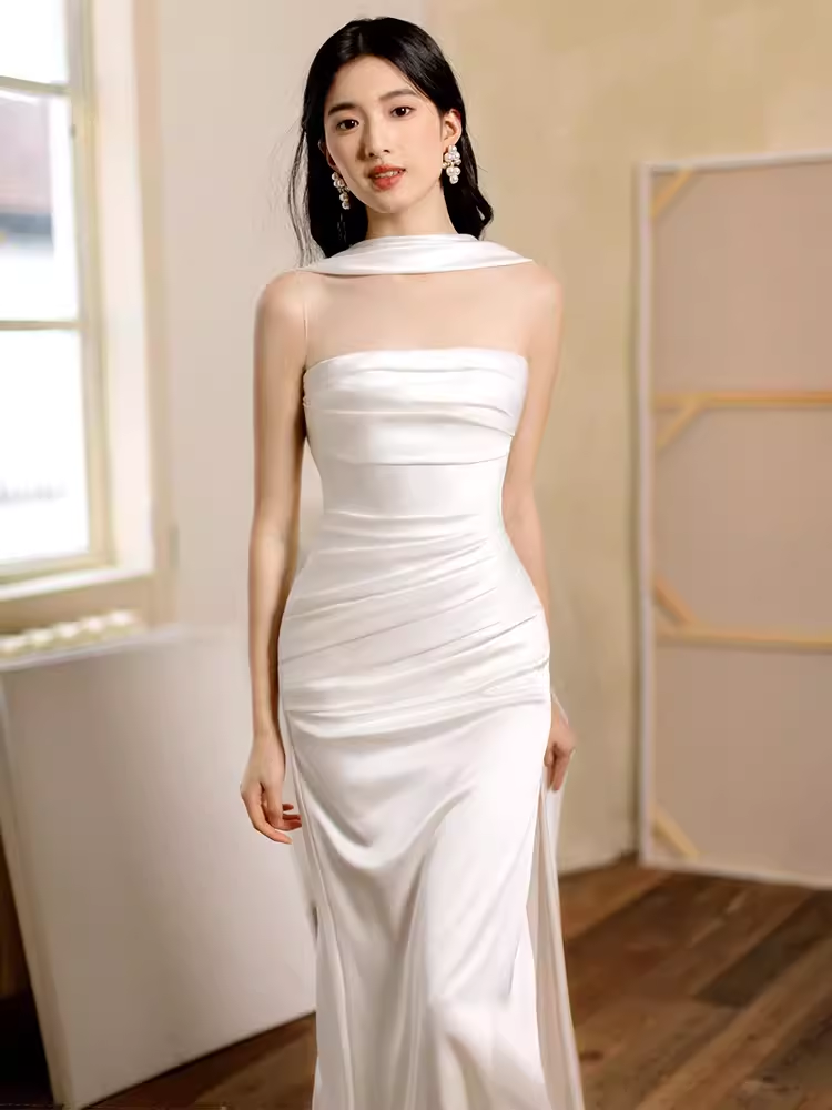 Sexy Sheath Strapless White Long Prom Dresses Satin Slit Birthday Outfits C233