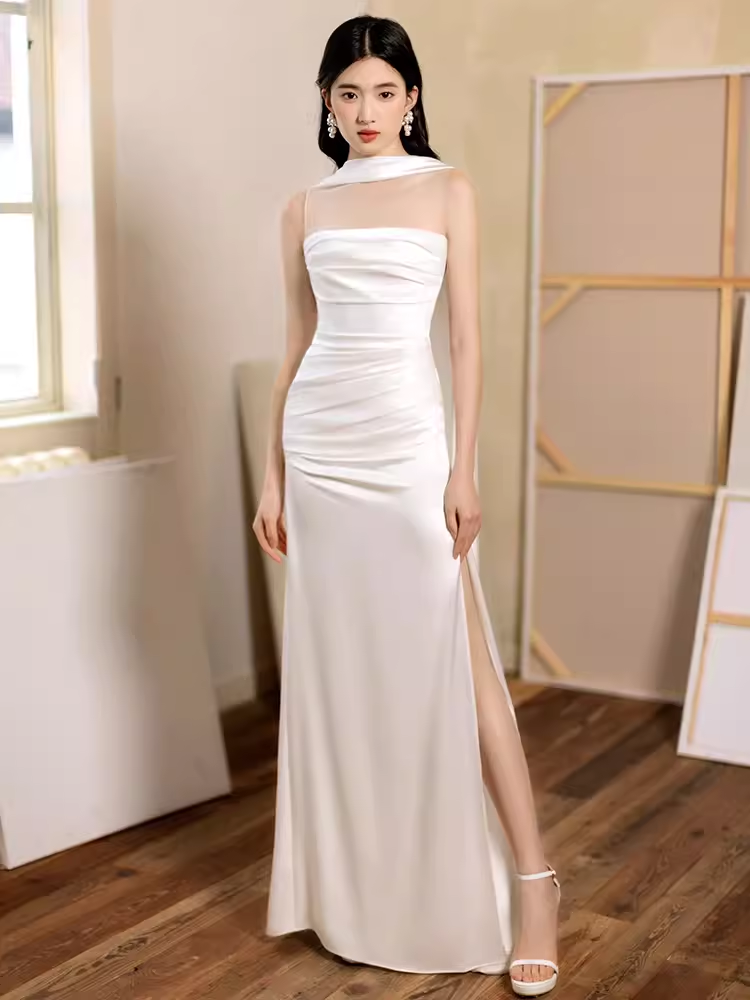 Sexy Sheath Strapless White Long Prom Dresses Satin Slit Birthday Outfits C233