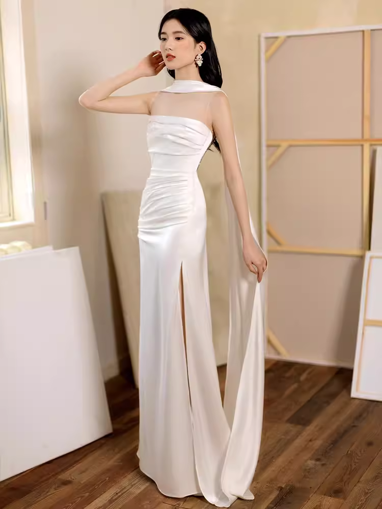 Sexy Sheath Strapless White Long Prom Dresses Satin Slit Birthday Outfits C233