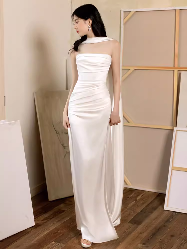 Sexy Sheath Strapless White Long Prom Dresses Satin Slit Birthday Outfits C233