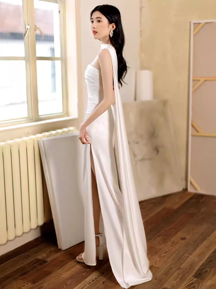 Sexy Sheath Strapless White Long Prom Dresses Satin Slit Birthday Outfits C233