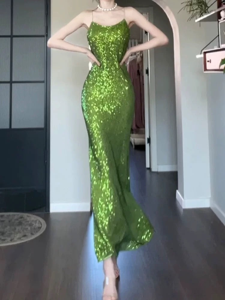 Pretty Sheath Spaghetti Straps Green Sequin Prom Dresses Sexy Evening Dress C2340