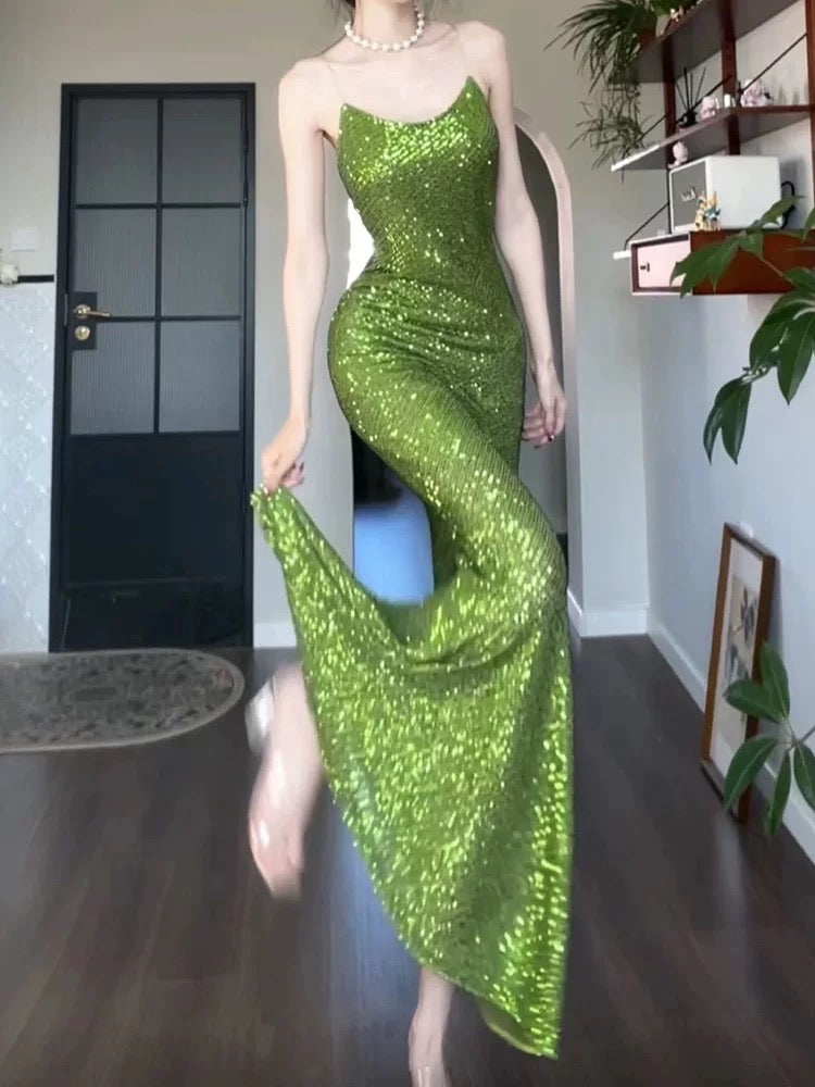 Pretty Sheath Spaghetti Straps Green Sequin Prom Dresses Sexy Evening Dress C2340