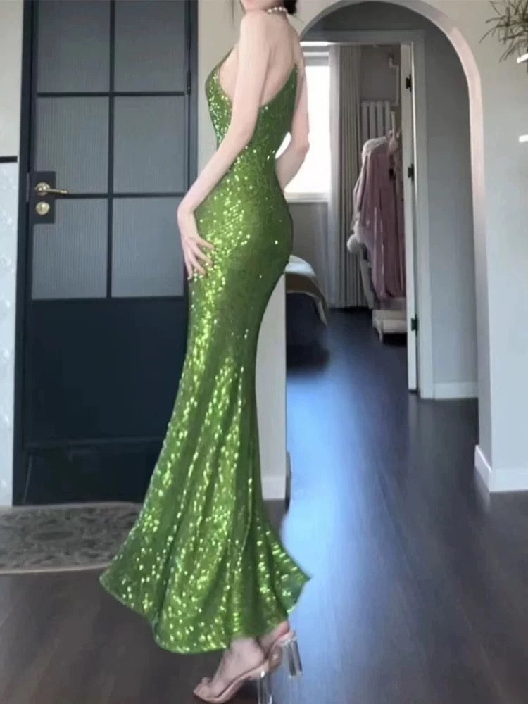 Pretty Sheath Spaghetti Straps Green Sequin Prom Dresses Sexy Evening Dress C2340