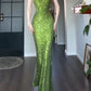 Pretty Sheath Spaghetti Straps Green Sequin Prom Dresses Sexy Evening Dress C2340