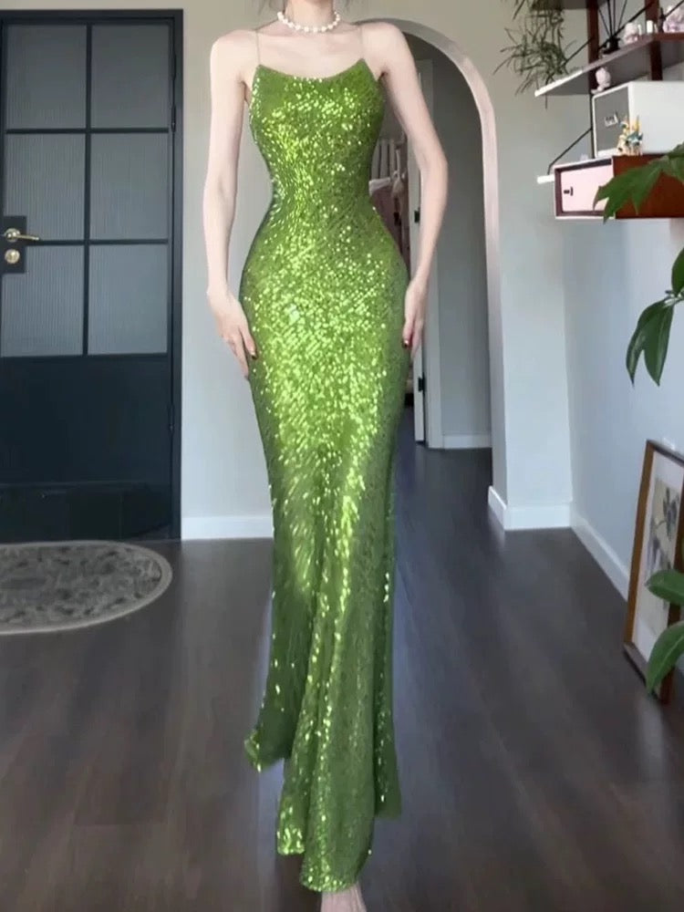 Pretty Sheath Spaghetti Straps Green Sequin Prom Dresses Sexy Evening Dress C2340