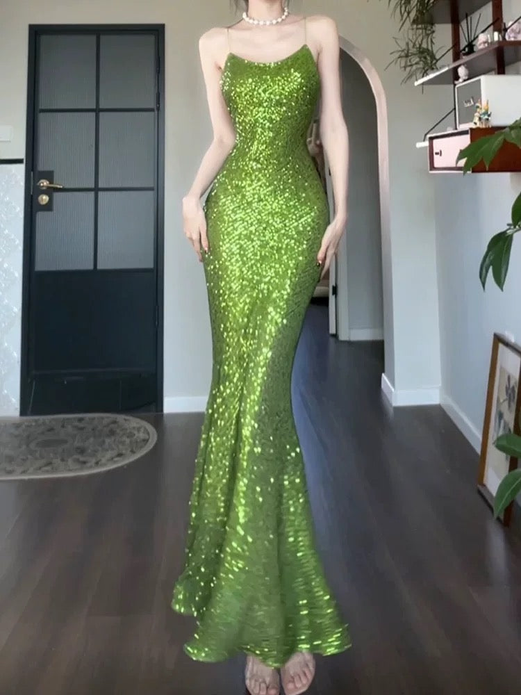 Pretty Sheath Spaghetti Straps Green Sequin Prom Dresses Sexy Evening Dress C2340