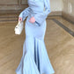 Pretty Mermaid Square Neckline Light Sky Blue Silk Satin Prom Dresses Sexy Evening Dress C2341