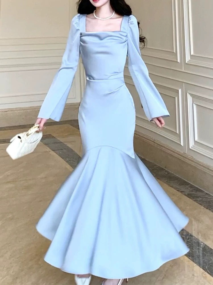 Pretty Mermaid Square Neckline Light Sky Blue Silk Satin Prom Dresses Sexy Evening Dress C2341