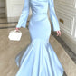 Pretty Mermaid Square Neckline Light Sky Blue Silk Satin Prom Dresses Sexy Evening Dress C2341