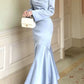 Pretty Mermaid Square Neckline Light Sky Blue Silk Satin Prom Dresses Sexy Evening Dress C2341