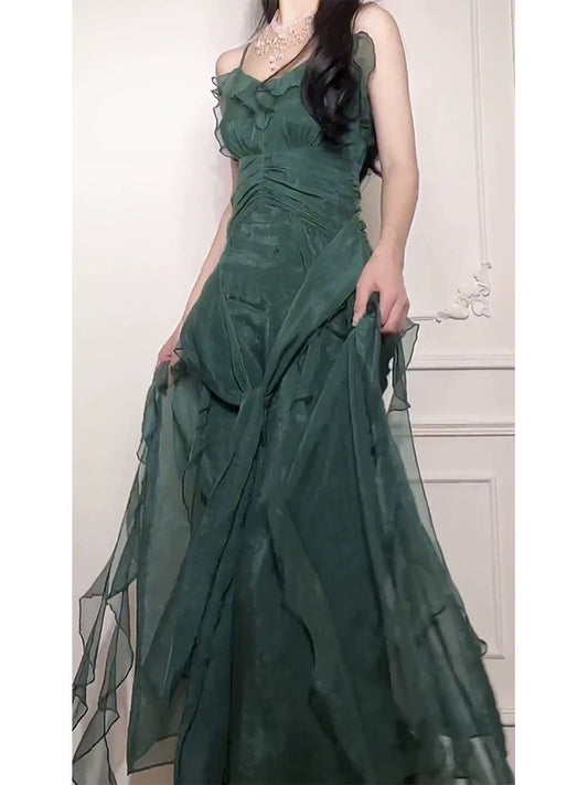 Pretty A Line Spaghetti Straps Green Long Chiffon Prom Dresses Sexy Evening Dress C2344