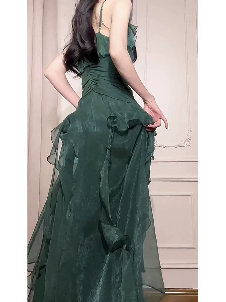 Pretty A Line Spaghetti Straps Green Long Chiffon Prom Dresses Sexy Evening Dress C2344