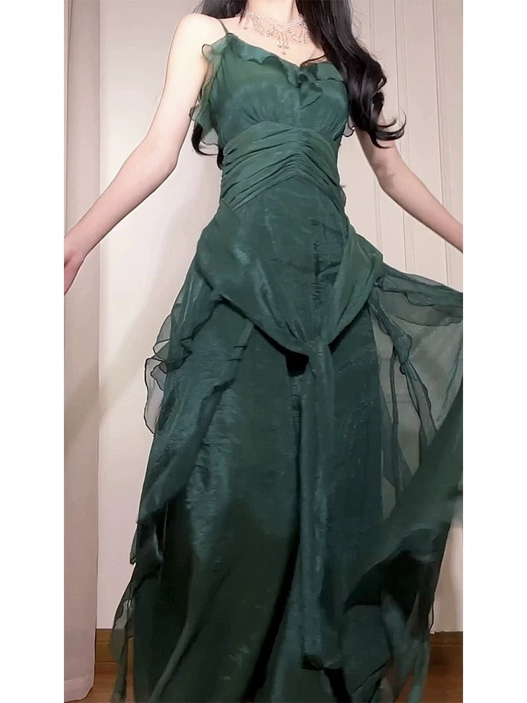 Pretty A Line Spaghetti Straps Green Long Chiffon Prom Dresses Sexy Evening Dress C2344