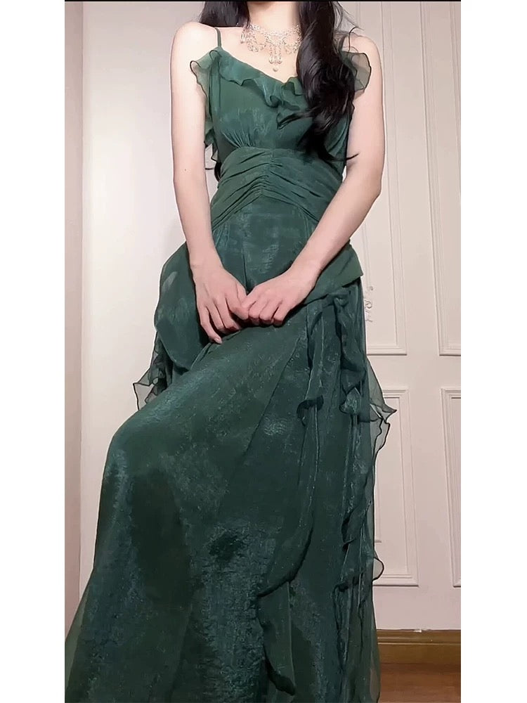 Pretty A Line Spaghetti Straps Green Long Chiffon Prom Dresses Sexy Evening Dress C2344