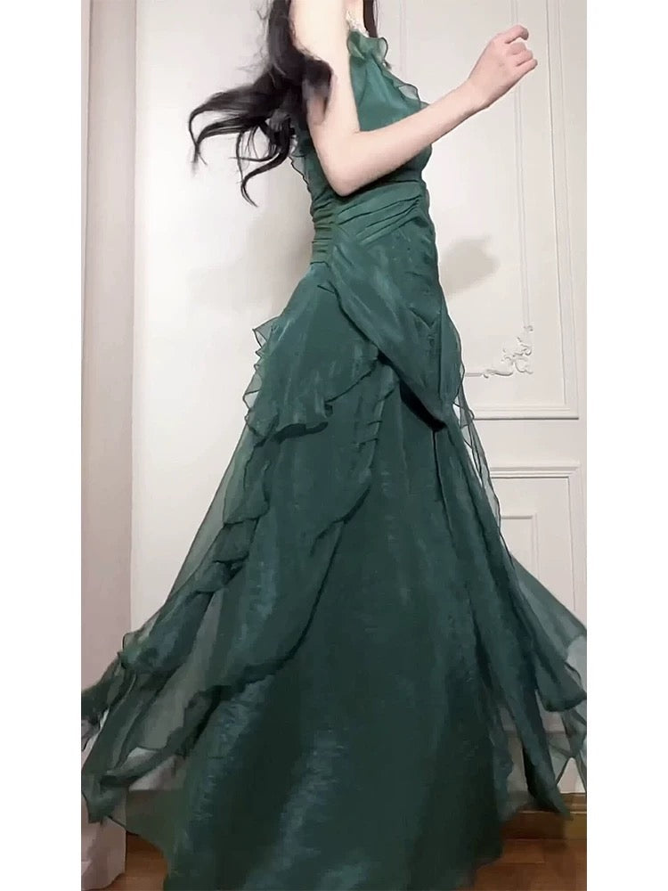 Pretty A Line Spaghetti Straps Green Long Chiffon Prom Dresses Sexy Evening Dress C2344