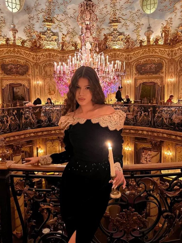 Robe de soirée sexy en velours noir à épaules dénudées et jolie robe de bal en dentelle C2347