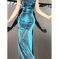 Pretty Sheath Spaghetti Straps Blue Sequin Long Prom Dresses Sexy Evening Dress C2348