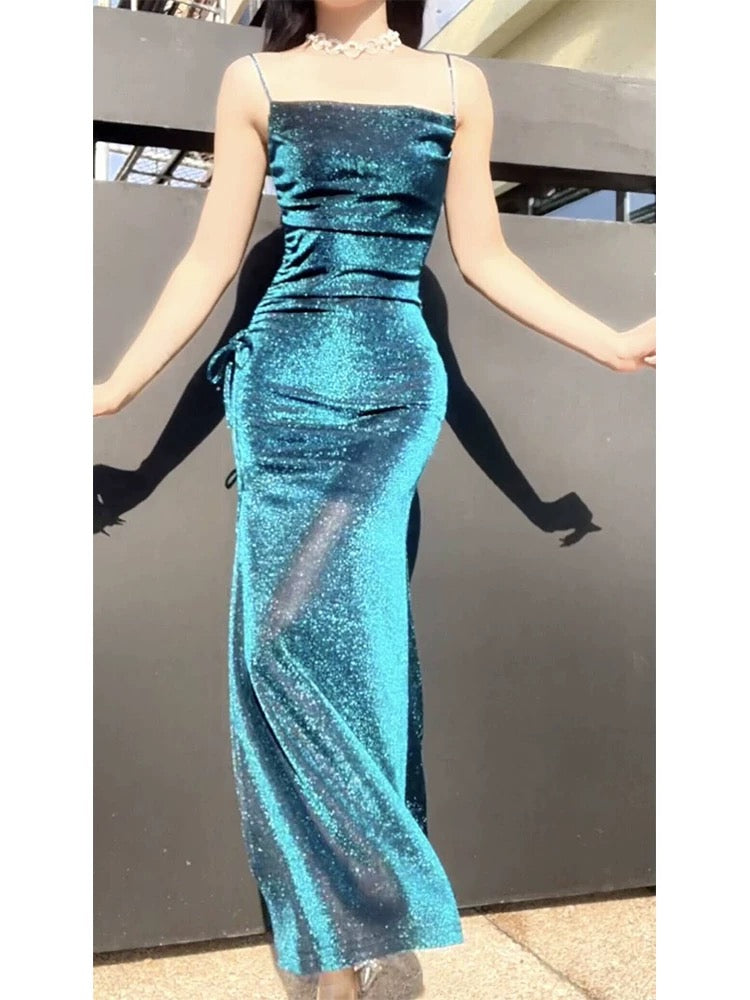 Pretty Sheath Spaghetti Straps Blue Sequin Long Prom Dresses Sexy Evening Dress C2348