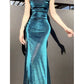 Pretty Sheath Spaghetti Straps Blue Sequin Long Prom Dresses Sexy Evening Dress C2348