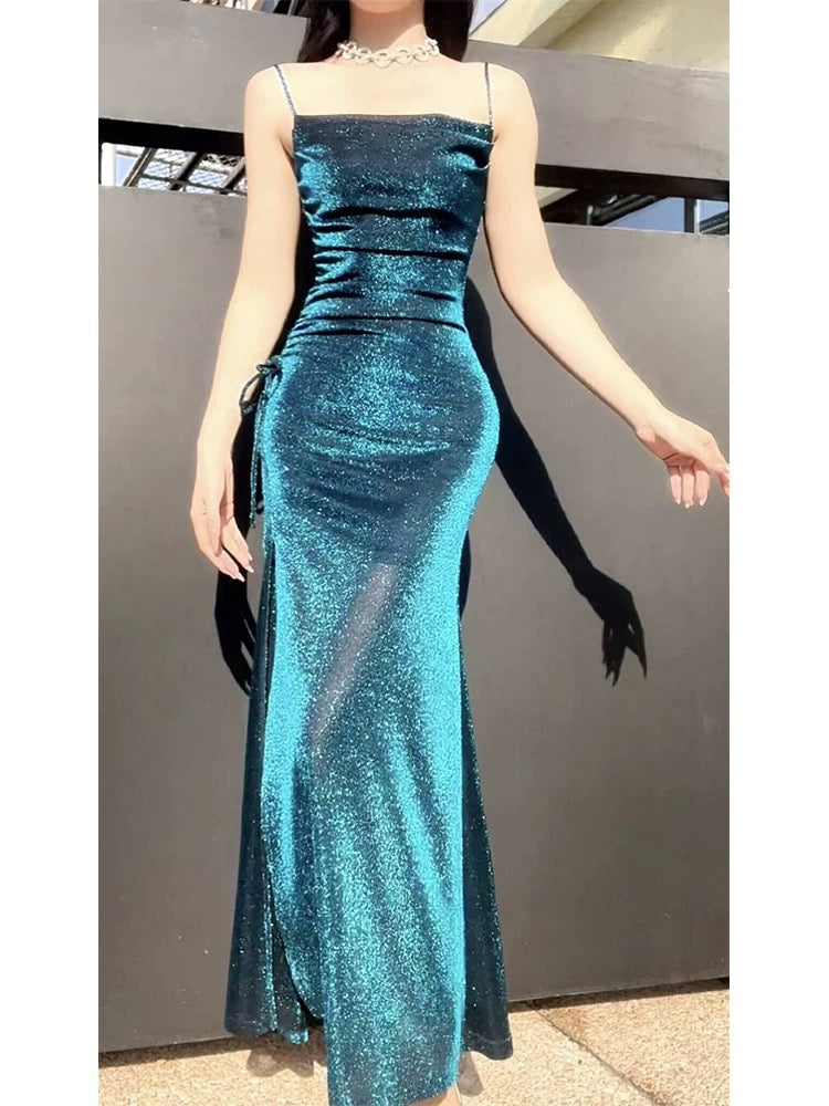 Pretty Sheath Spaghetti Straps Blue Sequin Long Prom Dresses Sexy Evening Dress C2348