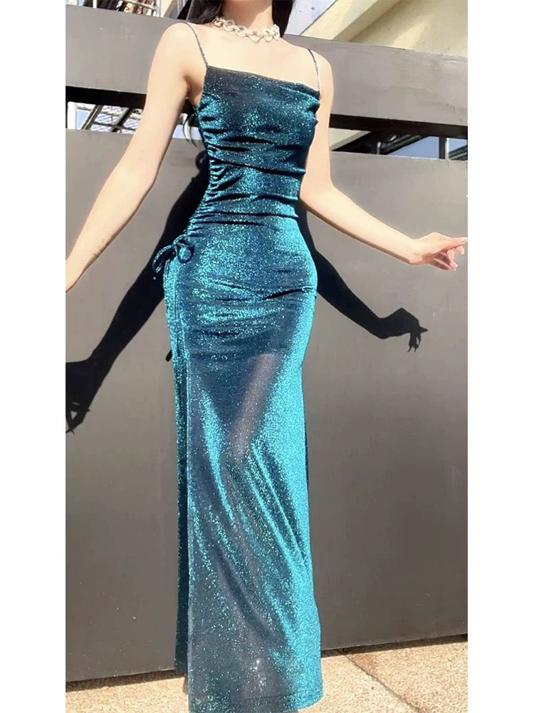 Pretty Sheath Spaghetti Straps Blue Sequin Long Prom Dresses Sexy Evening Dress C2348