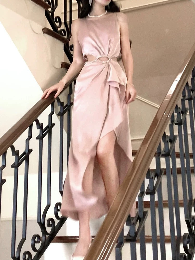 Pretty High Low Scoop Neckline Pink Silk Satin Prom Dresses Sexy Evening Dress C2349