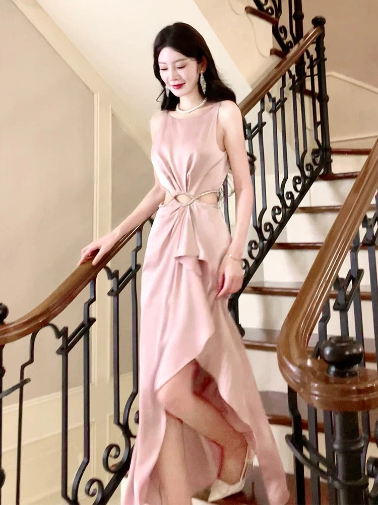 Pretty High Low Scoop Neckline Pink Silk Satin Prom Dresses Sexy Evening Dress C2349