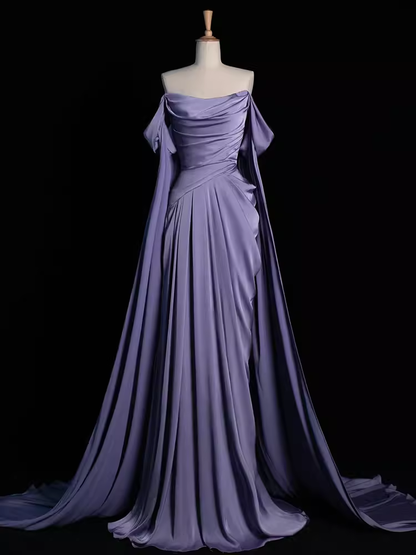 Sexy Sheath Off The Shoulder Light Purple Long Prom Dresses Satin Birthday Outfits C234