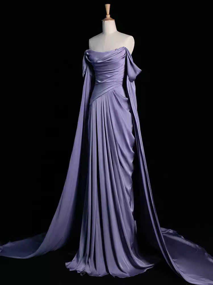 Gaine Sexy hors de l'épaule violet clair longues robes de bal en Satin tenues d'anniversaire C234