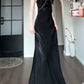 Pretty Sheath Spaghetti Straps Black Silk Satin Prom Dresses Sexy Evening Dress C2350