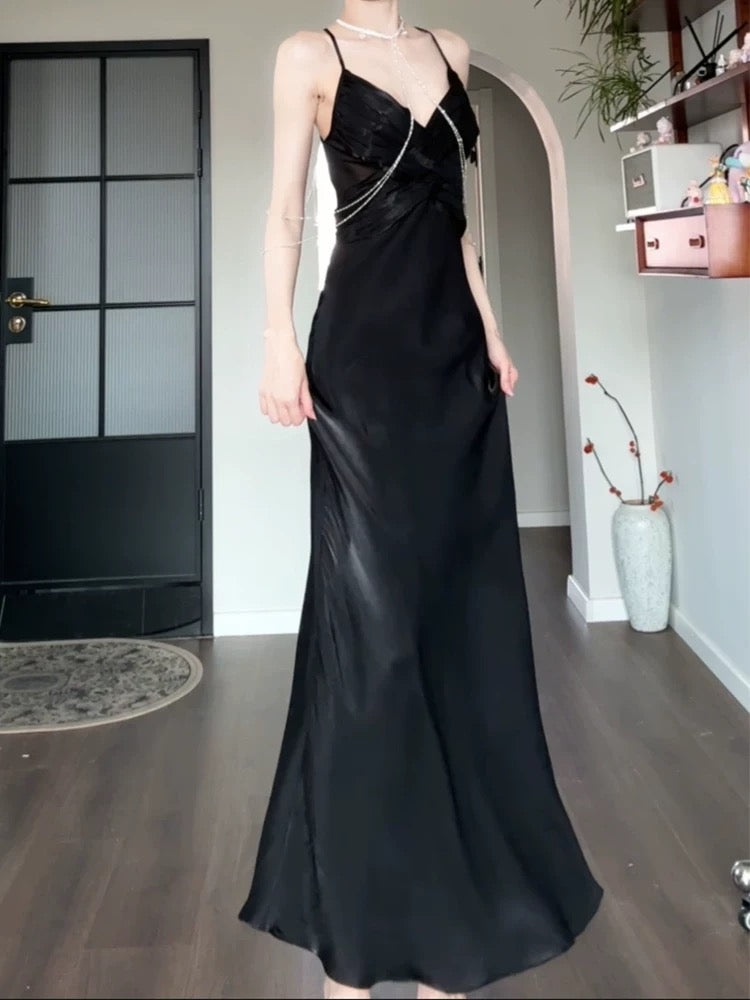 Pretty Sheath Spaghetti Straps Black Silk Satin Prom Dresses Sexy Evening Dress C2350