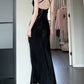 Pretty Sheath Spaghetti Straps Black Silk Satin Prom Dresses Sexy Evening Dress C2350