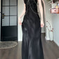 Pretty Sheath Spaghetti Straps Black Silk Satin Prom Dresses Sexy Evening Dress C2350