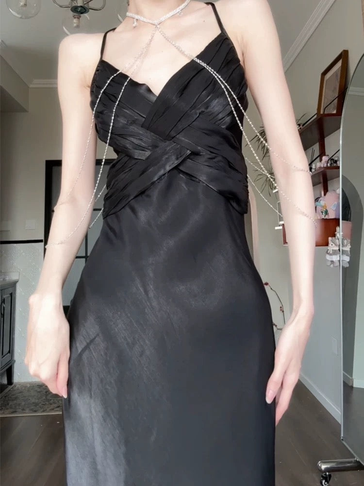 Pretty Sheath Spaghetti Straps Black Silk Satin Prom Dresses Sexy Evening Dress C2350