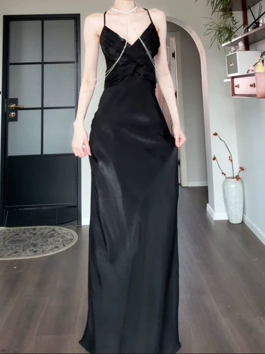 Pretty Sheath Spaghetti Straps Black Silk Satin Prom Dresses Sexy Evening Dress C2350