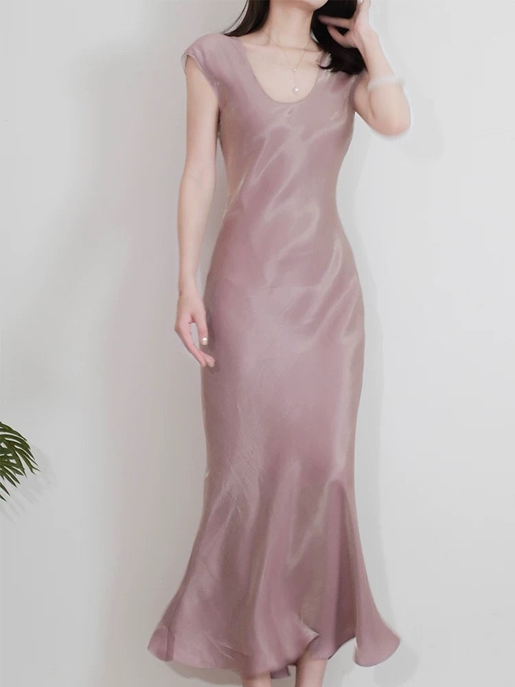 Pretty Sheath Scoop Neckline Pink Silk Chiffon Prom Dresses Ankle Length Evening Dress C2351