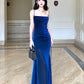 Pretty Sheath Straps Floor Length Royal Blue Slit Prom Dresses Simple Evening Dress C2357