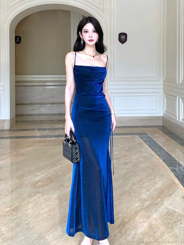 Pretty Sheath Straps Floor Length Royal Blue Slit Prom Dresses Simple Evening Dress C2357